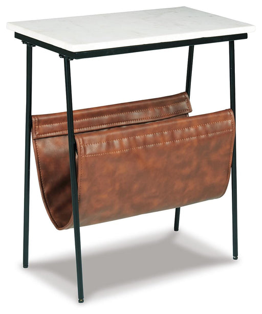 Ashley Furniture Etanbury accent table with a wooden top and metal legs, shown from an angled side view.