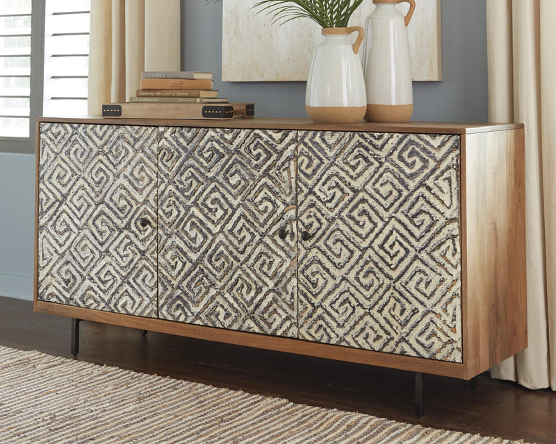 Ashley Furniture Kerrings Accent Cabinet showing wood finish, decorative hardware, and storage space in a modern living room setting.