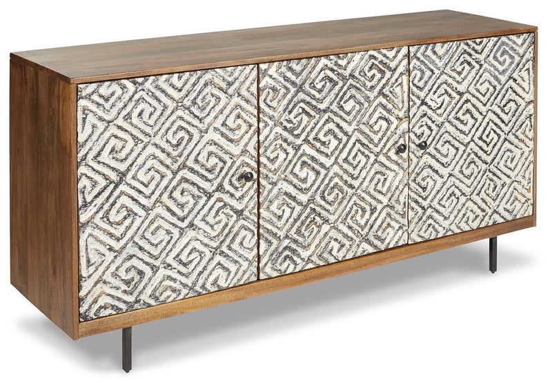 Ashley Furniture Kerrings accent cabinet with wooden finish and sleek design, shown from an angled side view.