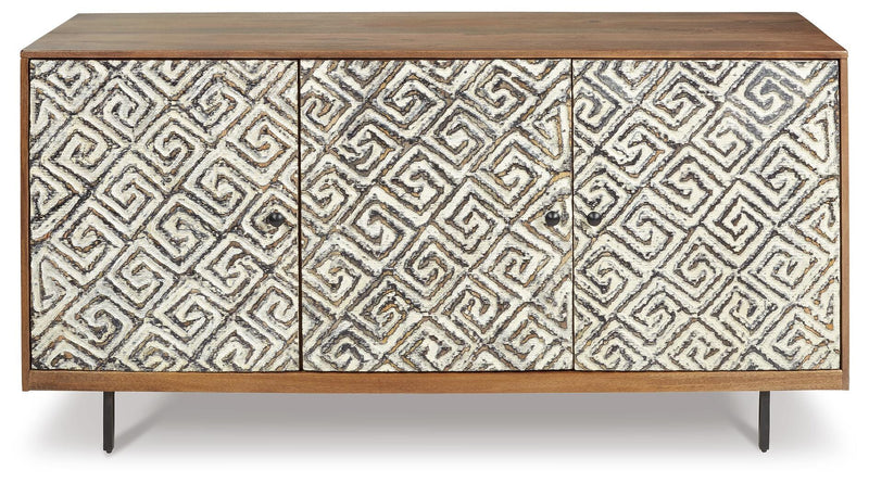 Ashley Furniture Kerrings Accent Cabinet with wood finish and decorative hardware, shown from a front head-on view.