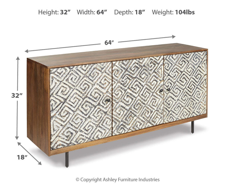 Ashley Furniture Kerrings accent cabinet with wood finish, featuring sleek doors and decorative hardware in a modern design.