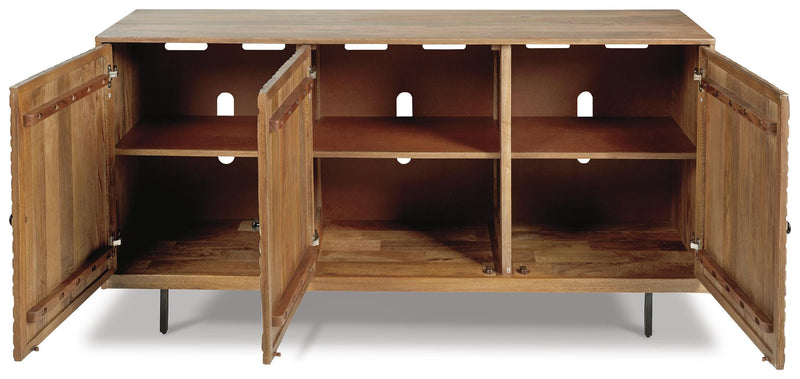Open Kerrings Accent Cabinet by Ashley Furniture showing wooden doors and storage shelves in a modern living space.