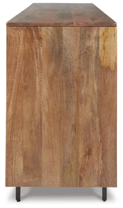 Ashley Furniture Kerrings Accent Cabinet with wood finish and sleek design, shown from a side angle with decorative hardware.