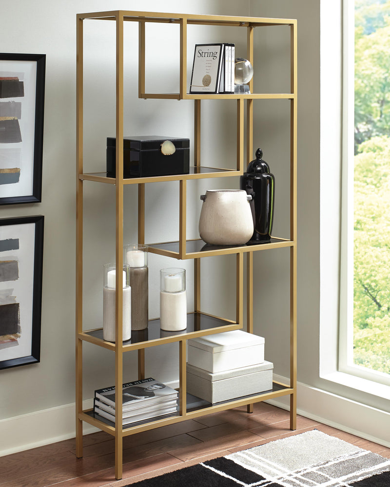 Ashley Furniture Frankwell Bookcase with multiple shelves and a dark wood finish, ideal for home or office storage.