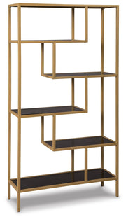 Ashley Furniture Frankwell Bookcase with dark wood finish and multiple shelves, shown from an angled side view.