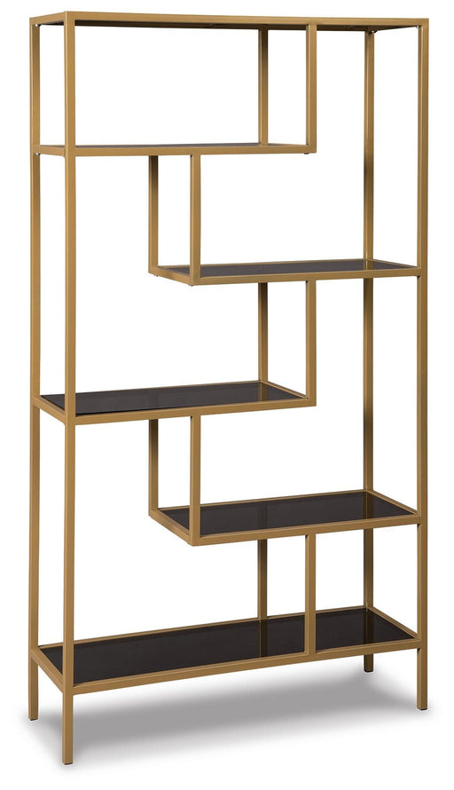 Ashley Furniture Frankwell Bookcase with dark wood finish and multiple shelves, shown from an angled side view.