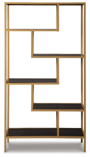 Ashley Furniture Frankwell bookcase with multiple shelves and a dark wood finish, shown from a front head-on perspective.