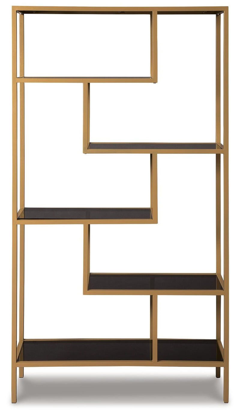 Ashley Furniture Frankwell bookcase with multiple shelves and a dark wood finish, shown from a front head-on perspective.