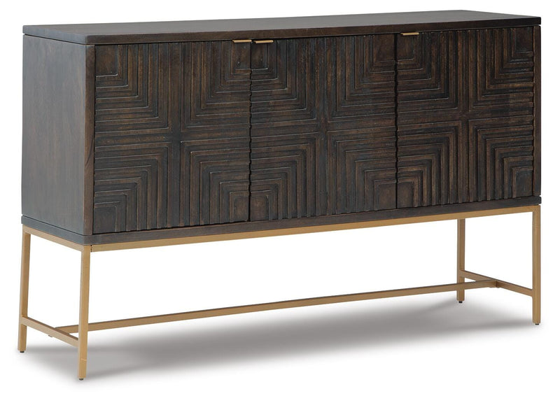 Ashley Furniture Elinmore accent cabinet with wood finish, featuring storage drawers and a stylish design, shown from an angled side view.