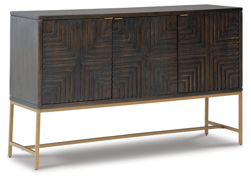 Ashley Furniture Elinmore accent cabinet with wood finish, featuring storage drawers and a stylish design, shown from an angled side view.