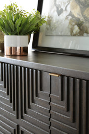 Ashley Furniture Elinmore Accent Cabinet with wood finish, featuring sleek design and storage drawers, detailed view.