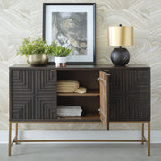 Open view of Ashley Furniture's Elinmore Accent Cabinet showing its wooden surface, storage compartments, and classic design.