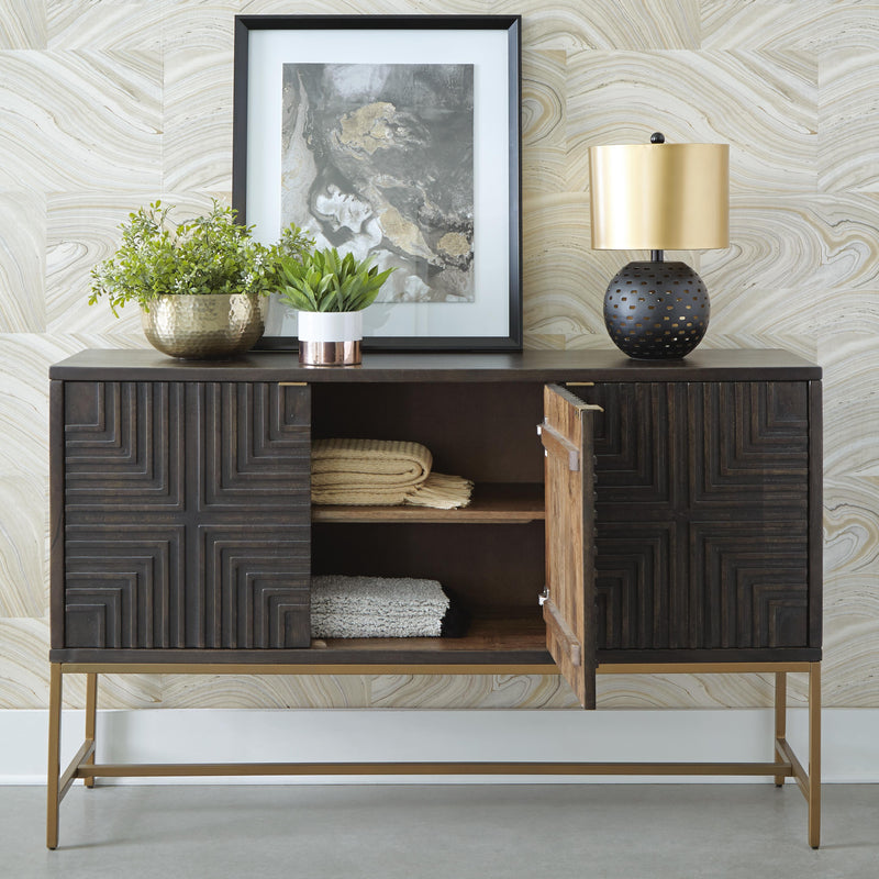 Open view of Ashley Furniture's Elinmore Accent Cabinet showing its wooden surface, storage compartments, and classic design.