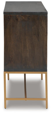 Ashley Furniture Elinmore accent cabinet with wooden finish and sleek design, featuring two doors and decorative hardware.