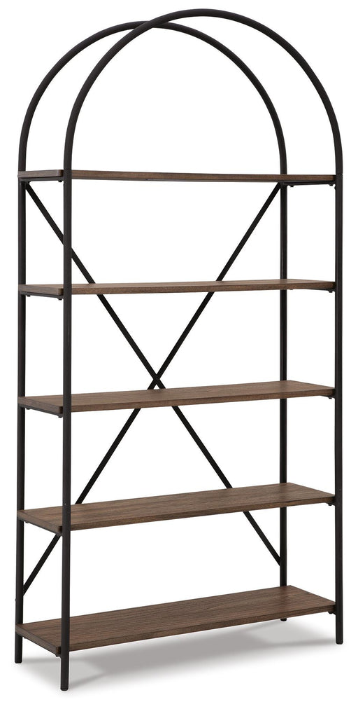 Ashley Furniture Galtbury bookcase with multiple shelves and a stylish wood finish, shown from an angled perspective.