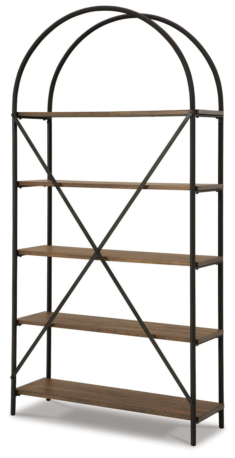 Ashley Furniture Galtbury bookcase with multiple shelves and a dark wood finish, ideal for storing books and decorative items.