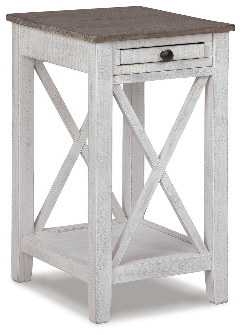 Ashley Furniture Adalane accent table with a round wooden top and sleek metal legs, ideal for living room decor.