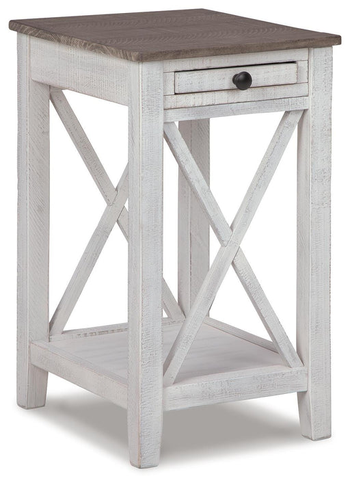 Ashley Furniture Adalane accent table with a round wooden top and sleek metal legs, ideal for living room decor.