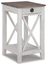 Ashley Furniture Adalane accent table with a round wooden top and metal legs, perfect for living room or bedroom decor.