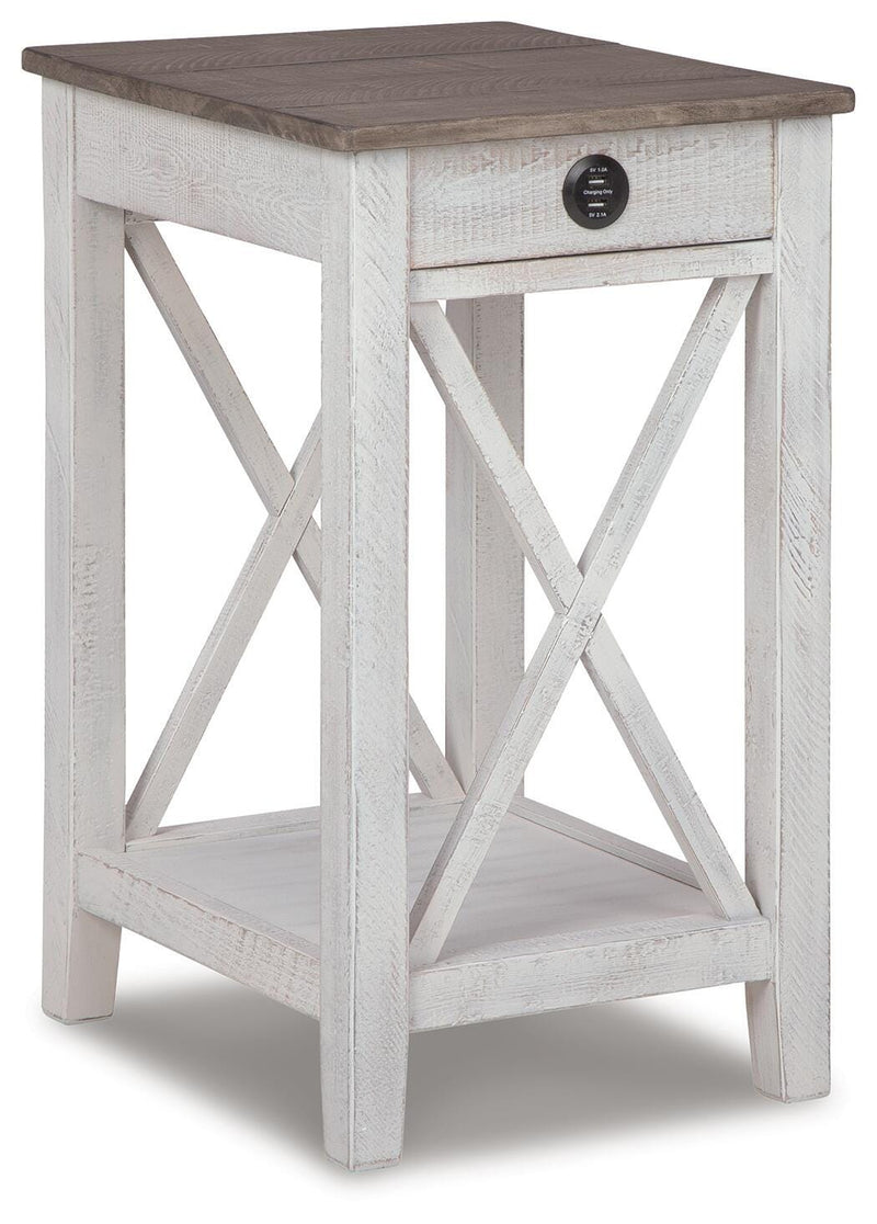 Ashley Furniture Adalane accent table with a round wooden top and metal legs, perfect for living room or bedroom decor.