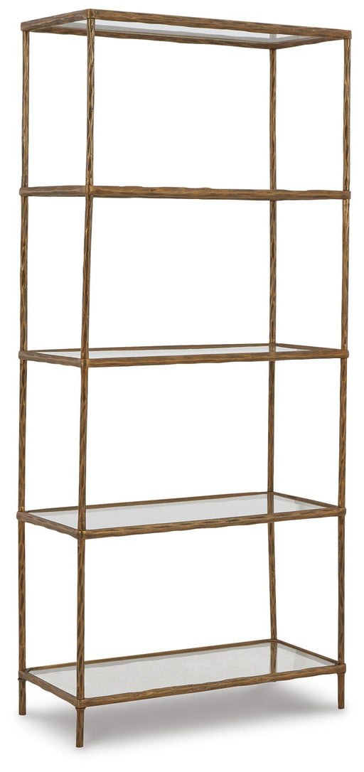 Ashley Furniture Ryandale Bookcase with multiple shelves and a classic wood finish, shown from an angled view.