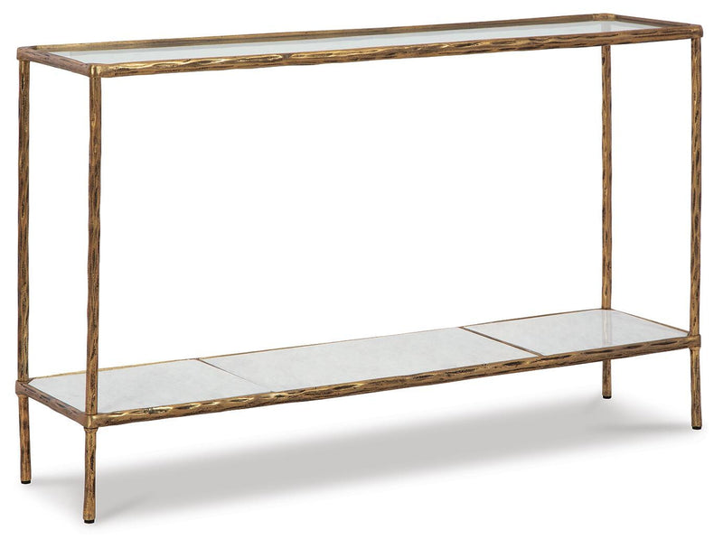 Ashley Furniture Ryandale console sofa table with a sleek wooden finish, shown from an angled view in a modern living room setting.