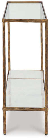 Ashley Furniture Ryandale Console Sofa Table with a sleek wooden finish and modern design, shown from a side view.