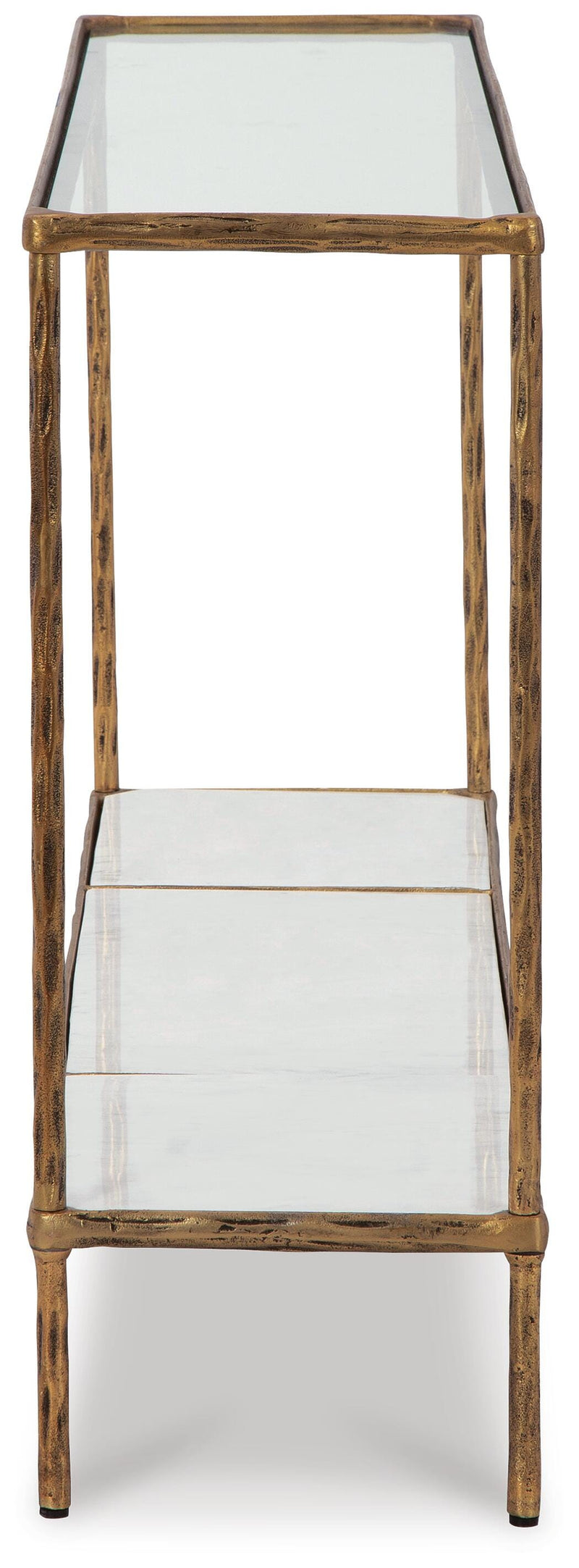 Ashley Furniture Ryandale Console Sofa Table with a sleek wooden finish and modern design, shown from a side view.