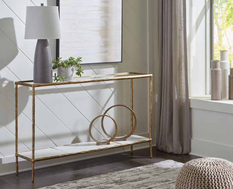 Ashley Furniture Ryandale Console Sofa Table with sleek wooden finish and modern design, ideal for living room decor.