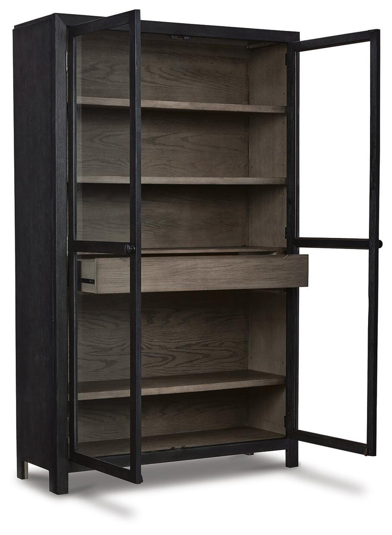 Ashley Furniture Lenston Accent Cabinet with open door, wood finish, and storage shelves, stylish contemporary furniture piece.