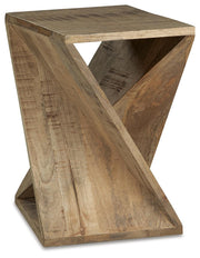 Ashley Furniture Zalemont accent table with a sleek round wooden top and black metal legs, shown from an angled side view.