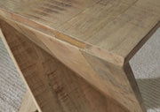 Ashley Furniture Zalemont accent table with a sleek wooden top and metal legs, perfect for stylish living room decor.