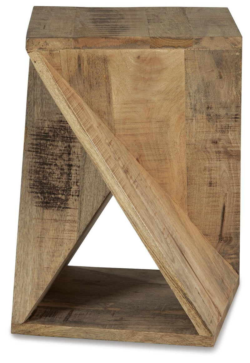 Ashley Furniture Zalemont accent table with a wooden top and metal legs, stylish side table for living room decor.