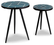 Set of two Ashley Furniture Clairbelle accent tables with wooden tops and sleek black metal legs, shown from an angled side view.
