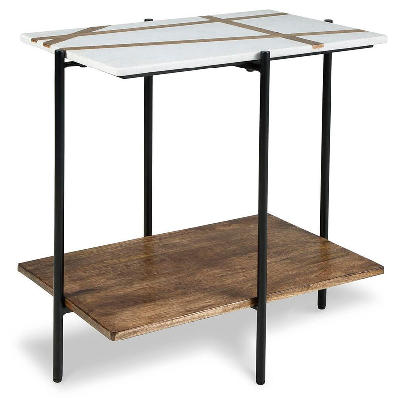 Ashley Furniture Braxmore accent table with a sleek wooden top and metal frame, shown from an angled side view.