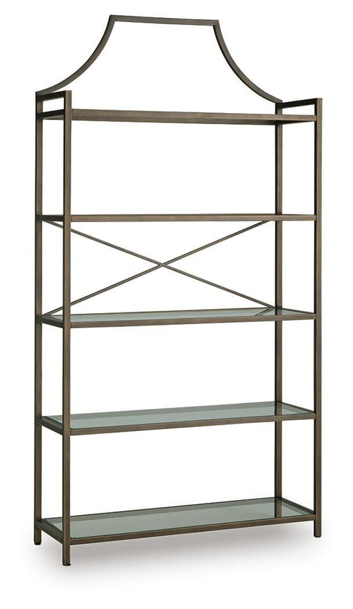 Ashley Furniture Bernonly 72-inch bookcase with multiple shelves and a classic wood finish, shown from an angled side view.