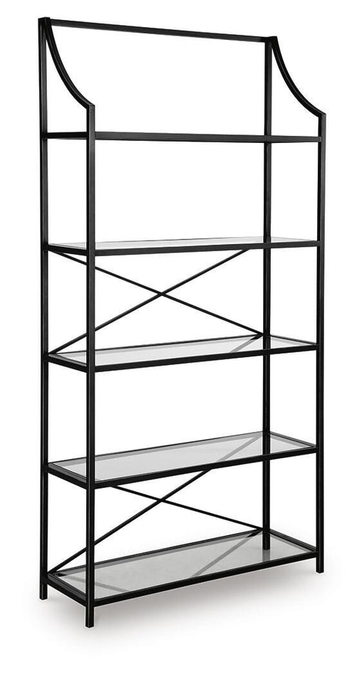 Ashley Furniture Dakerwell 72-inch wooden bookcase with multiple shelves and a classic design, shown from an angled side view.