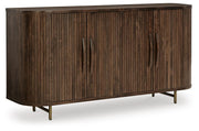 Ashley Furniture Amickly accent cabinet with closed doors, wooden finish, and decorative hardware, shown from an angled view.