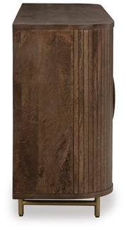 Ashley Furniture Amickly accent cabinet with a sleek wood finish and modern design, shown from a side view.