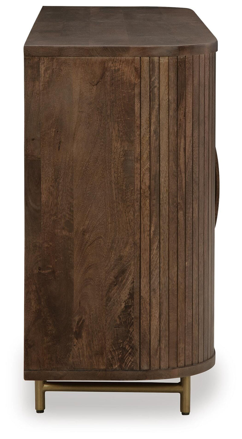Ashley Furniture Amickly accent cabinet with a sleek wood finish and modern design, shown from a side view.