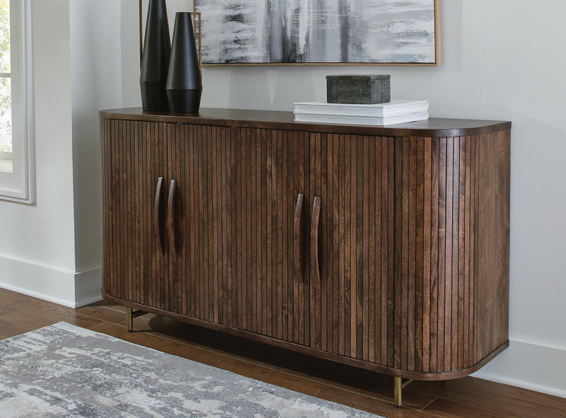Ashley Furniture Amickly Accent Cabinet with wood finish and storage drawers, showcasing a stylish and functional accent piece.