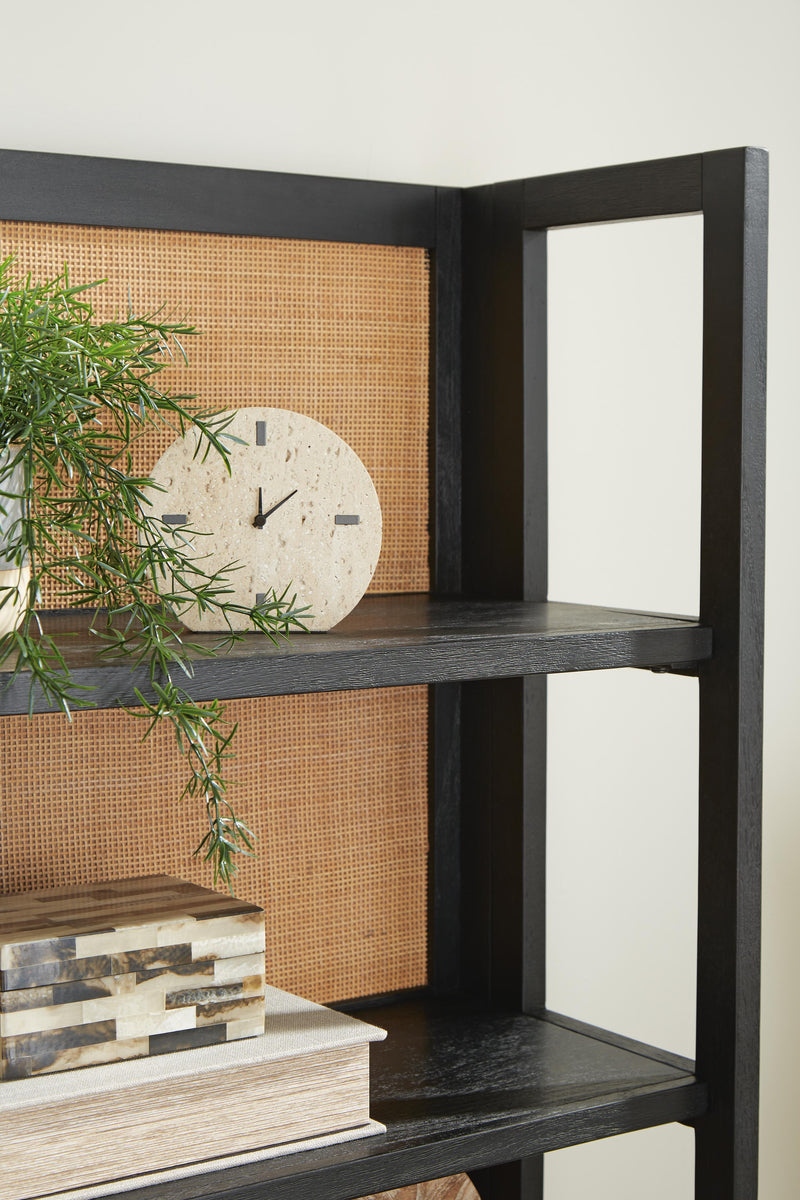 Ashley Furniture Abyard bookcase with multiple shelves and a modern wood finish, ideal for living room or office storage.
