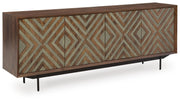 Ashley Furniture Dreggan accent cabinet with a closed door, showcasing a sleek wooden design and modern hardware.