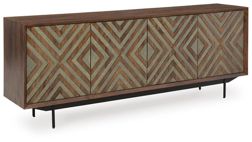 Ashley Furniture Dreggan accent cabinet with a closed door, showcasing a sleek wooden design and modern hardware.
