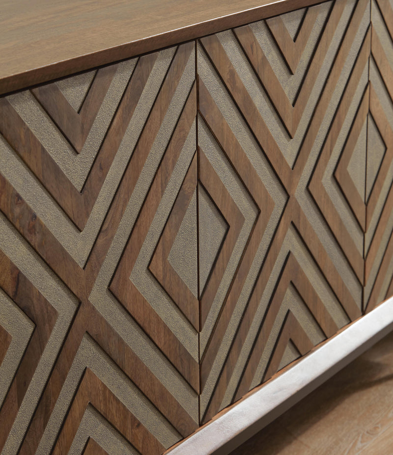 Close-up of the door detail on the Ashley Furniture Dreggan Accent Cabinet, showcasing its elegant wood finish and decorative hardware.