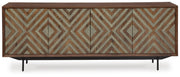 Ashley Furniture Dreggan Accent Cabinet with sleek wood finish and modern hardware, front view showing storage doors and design details.