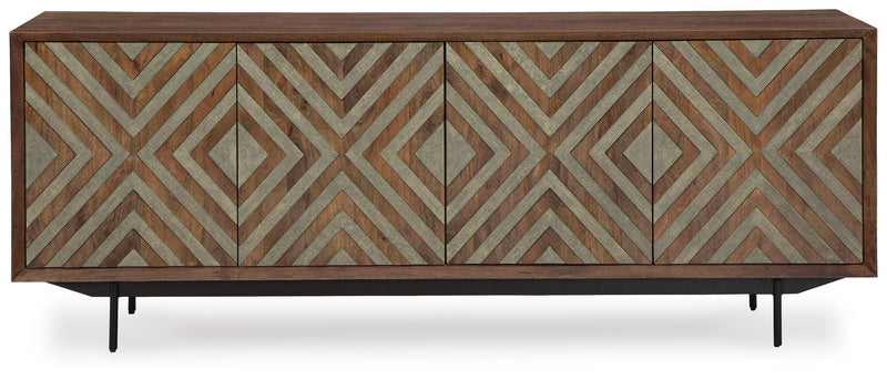 Ashley Furniture Dreggan Accent Cabinet with sleek wood finish and modern hardware, front view showing storage doors and design details.