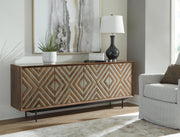 Ashley Furniture Dreggan Accent Cabinet with wood finish and modern design, featuring sleek storage drawers and decorative accents.