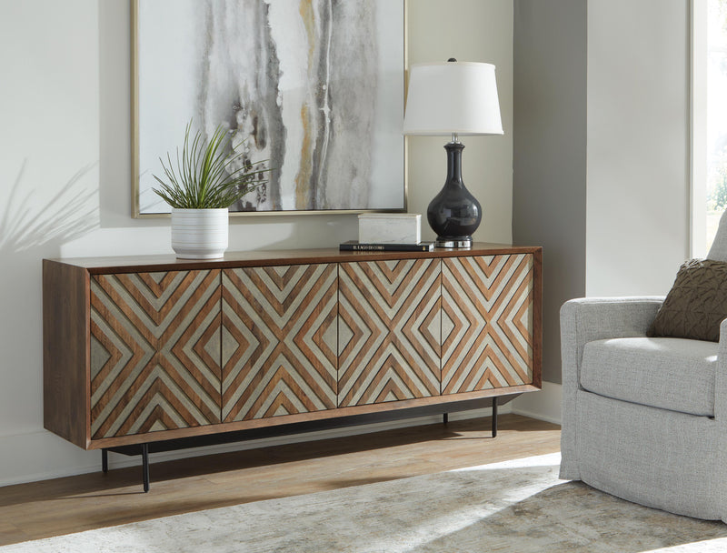 Ashley Furniture Dreggan Accent Cabinet with wood finish and modern design, featuring sleek storage drawers and decorative accents.