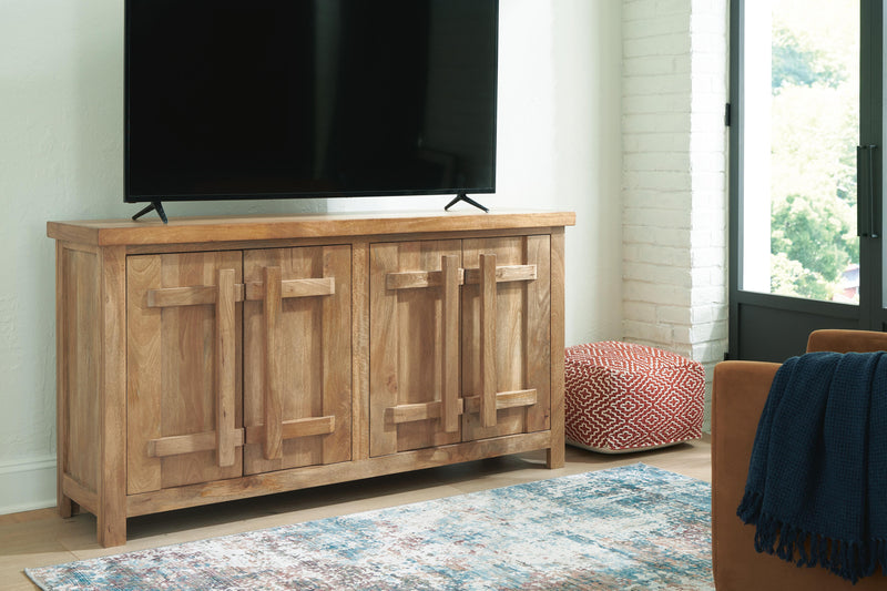 Ashley Furniture Dresor Accent Cabinet with sleek wood finish and modern design, featuring storage compartments and decorative hardware.